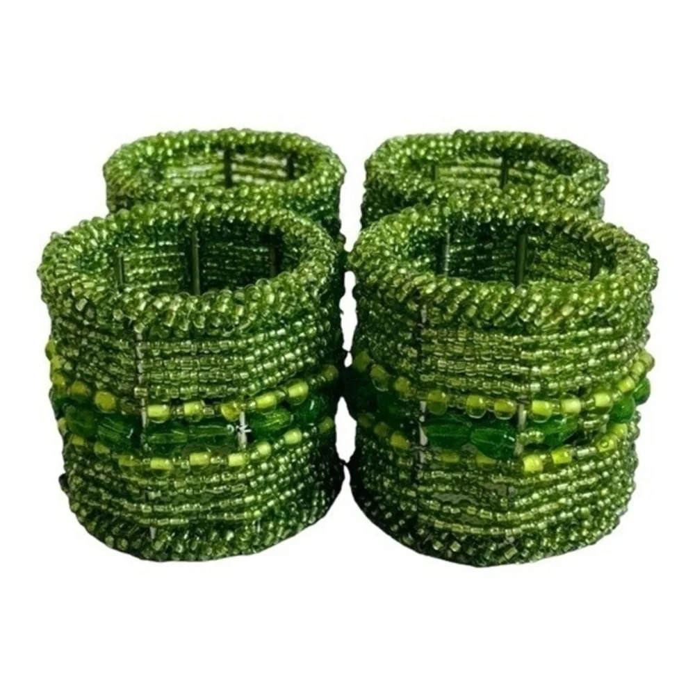 Vintage Green Micro Beaded Napkin Rings Set of 4 Handmade India Moroccan 2